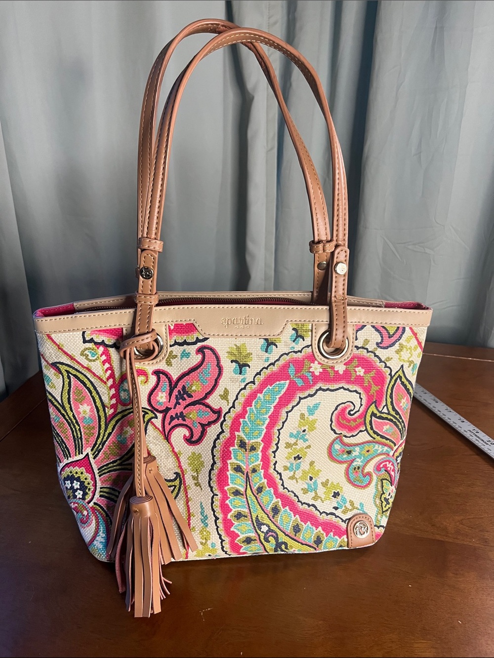 Spartina 449 Linen Leather Paisley Purse in Pink, Tan and Cream